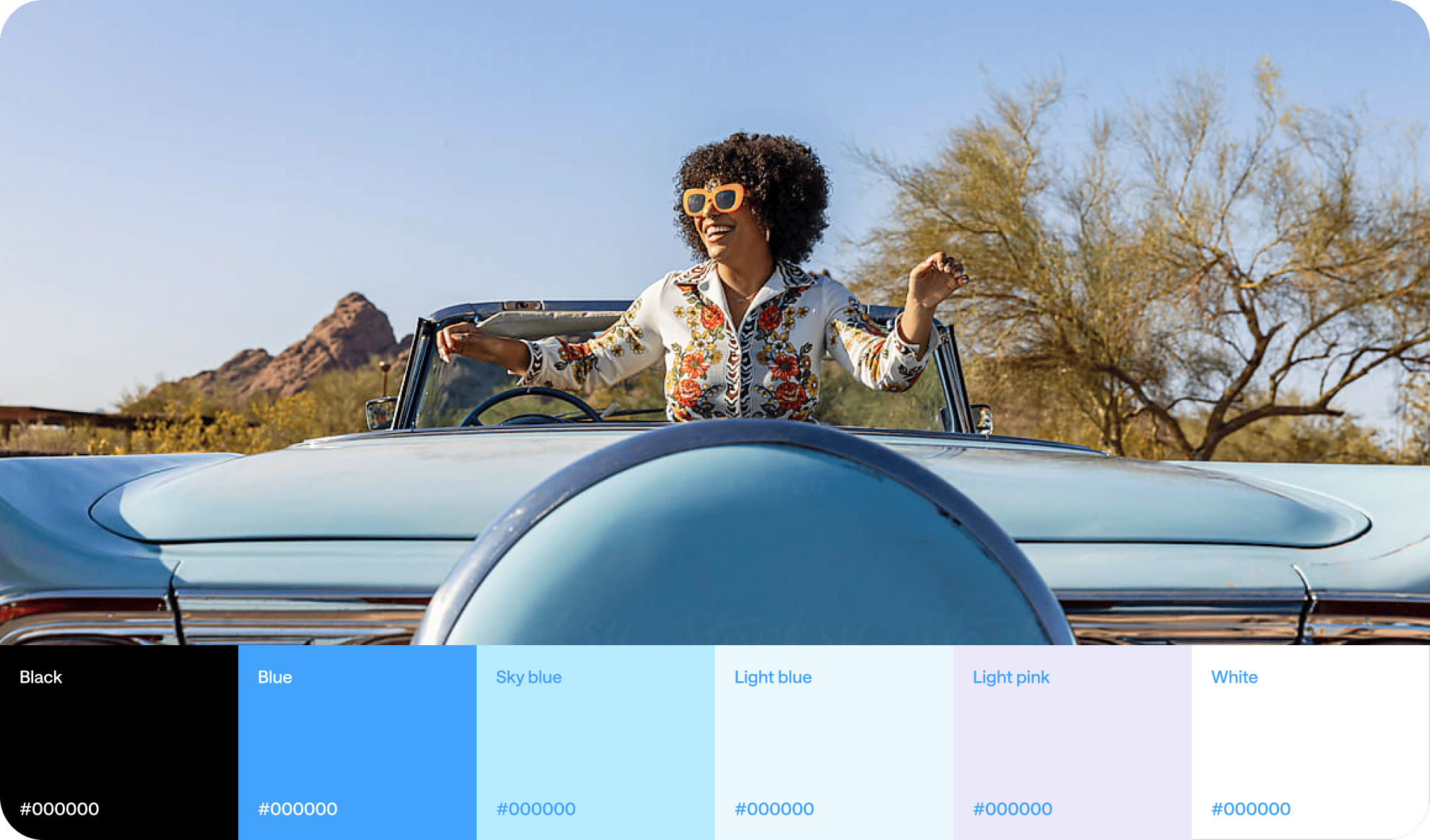 Color palette featuring black, blue, sky blue, light blue, light pink, and white with a image giving a feel of the web app.